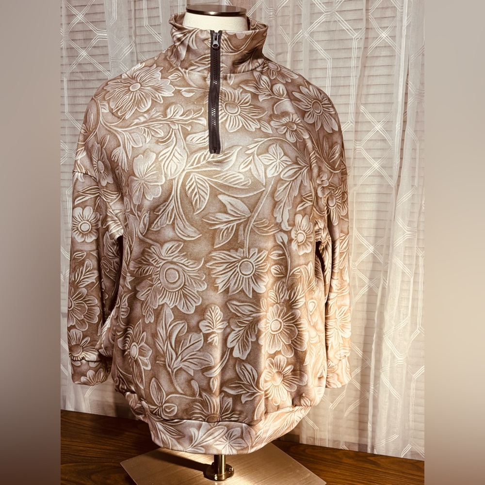 Floral Quarter-Zip Pullover Long Sleeve Neutral tones 27” p2p 28” L 2 pockets